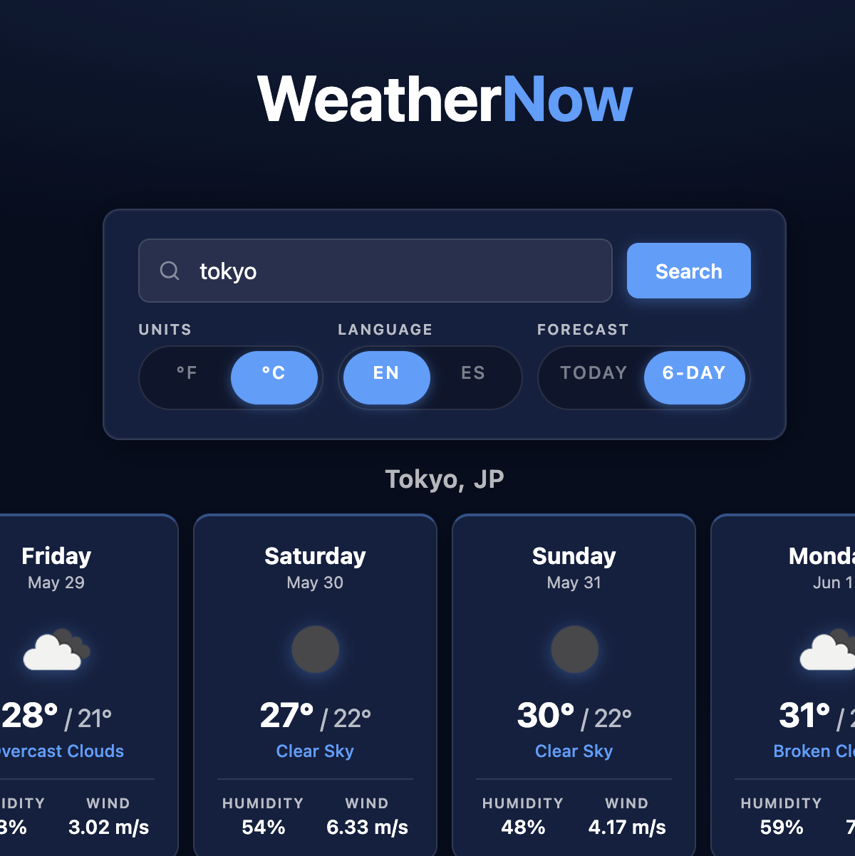 WeatherNow weather app screenshot
